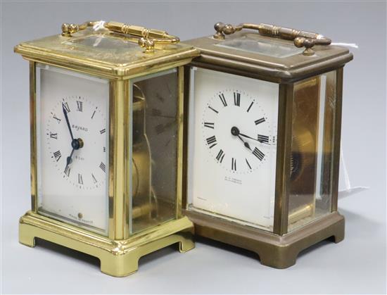 A gilt brass carriage clock, H A Briggs, Blackheath in leather-covered travelling case and a modern carriage clock by Bayard